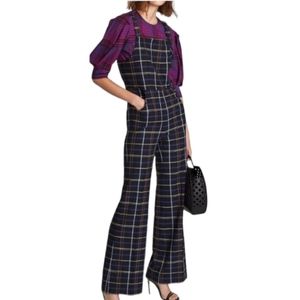 Zara Woman Overalls Premium Denim Collection Blue Black Plaid Flare Cut